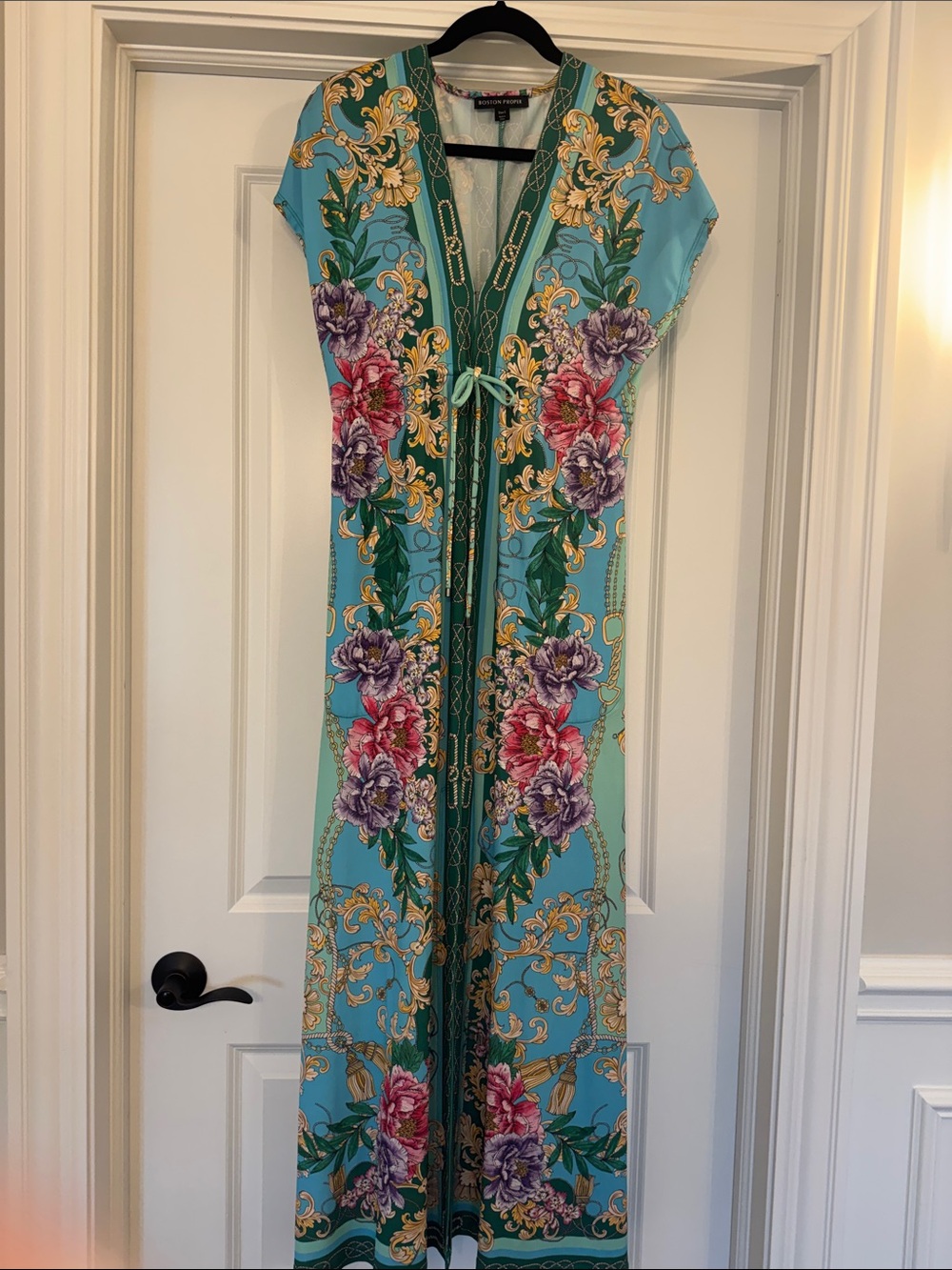 Boston Proper Turquoise Floral Maxi Dress with Green Trim